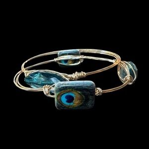 Beaded Gold Wire Wrapped Stackable Bangle Cuff Bracelet Set Teal Bead Peacock Lg